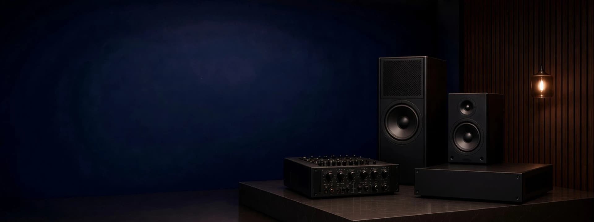 PA loudspeakers, mixer amplifier, and power amplifier in a showroom setting