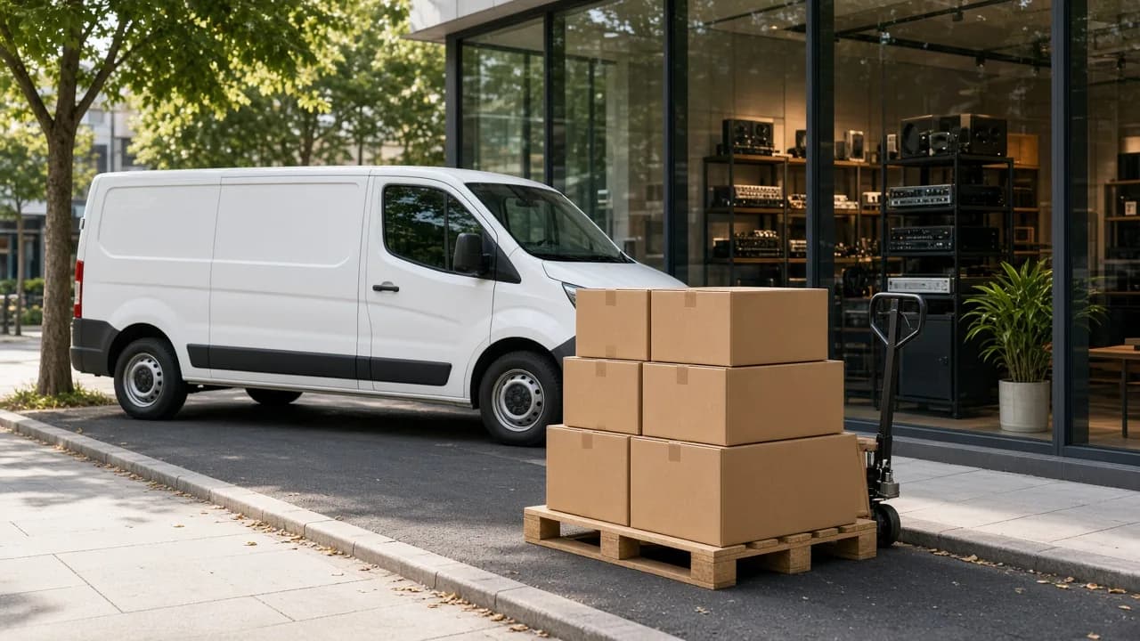 Sealed cartons on a pallet jack outside a modern authorized dealer shopfront