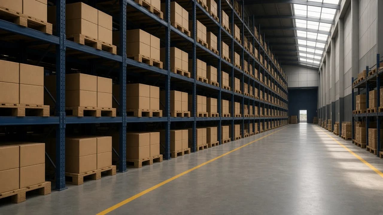 Palletised cartons on racking in a clean distributor warehouse aisle