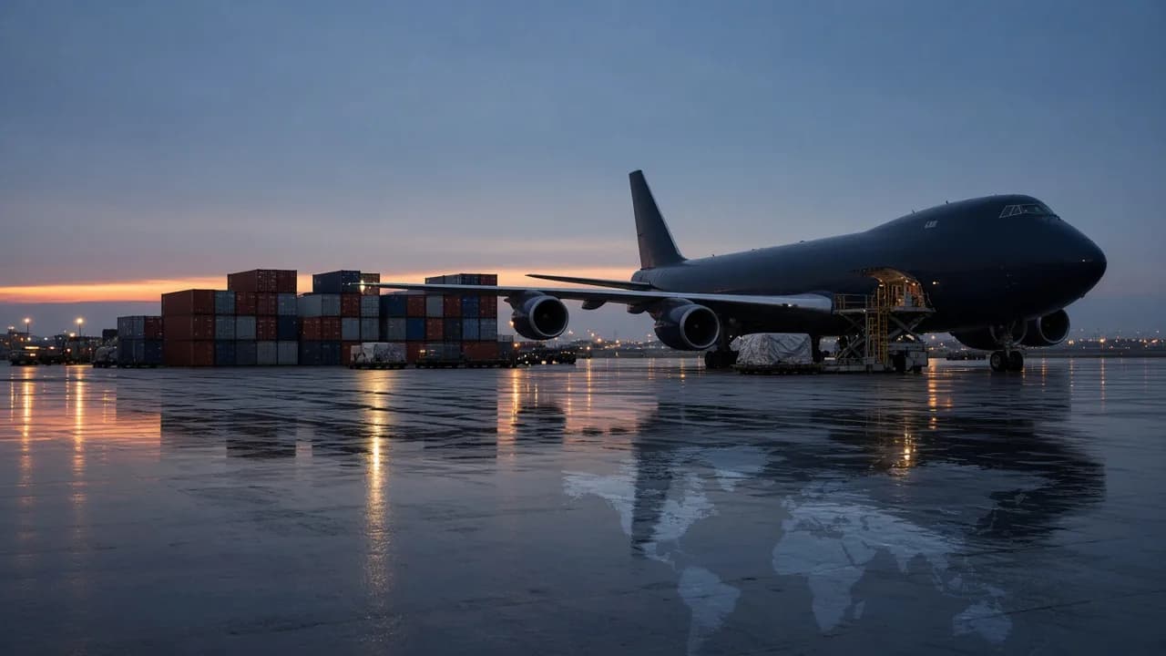 Cargo aircraft and shipping containers on a wet apron — worldwide freight