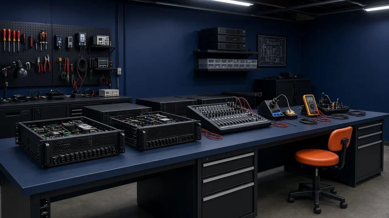 PA amplifiers and mixers open on a service-workshop bench with test tools