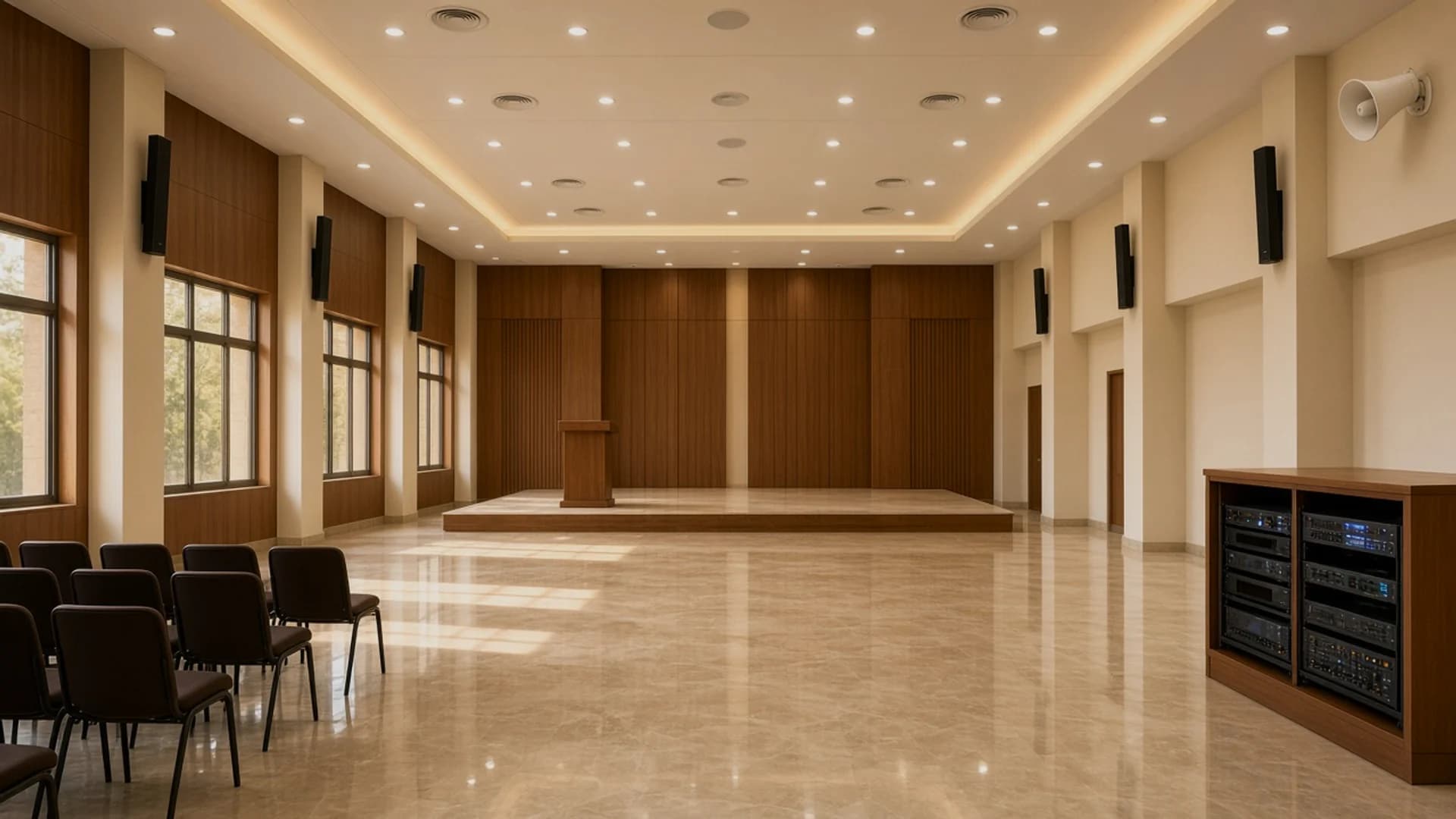 Completed community-hall PA installation with wall speakers, ceiling speakers, and an amplifier rack